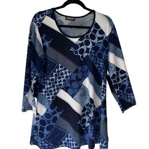 Gitane Women's Navy Blue and White Geometric Print  3/4 Sleeve Tunic Large